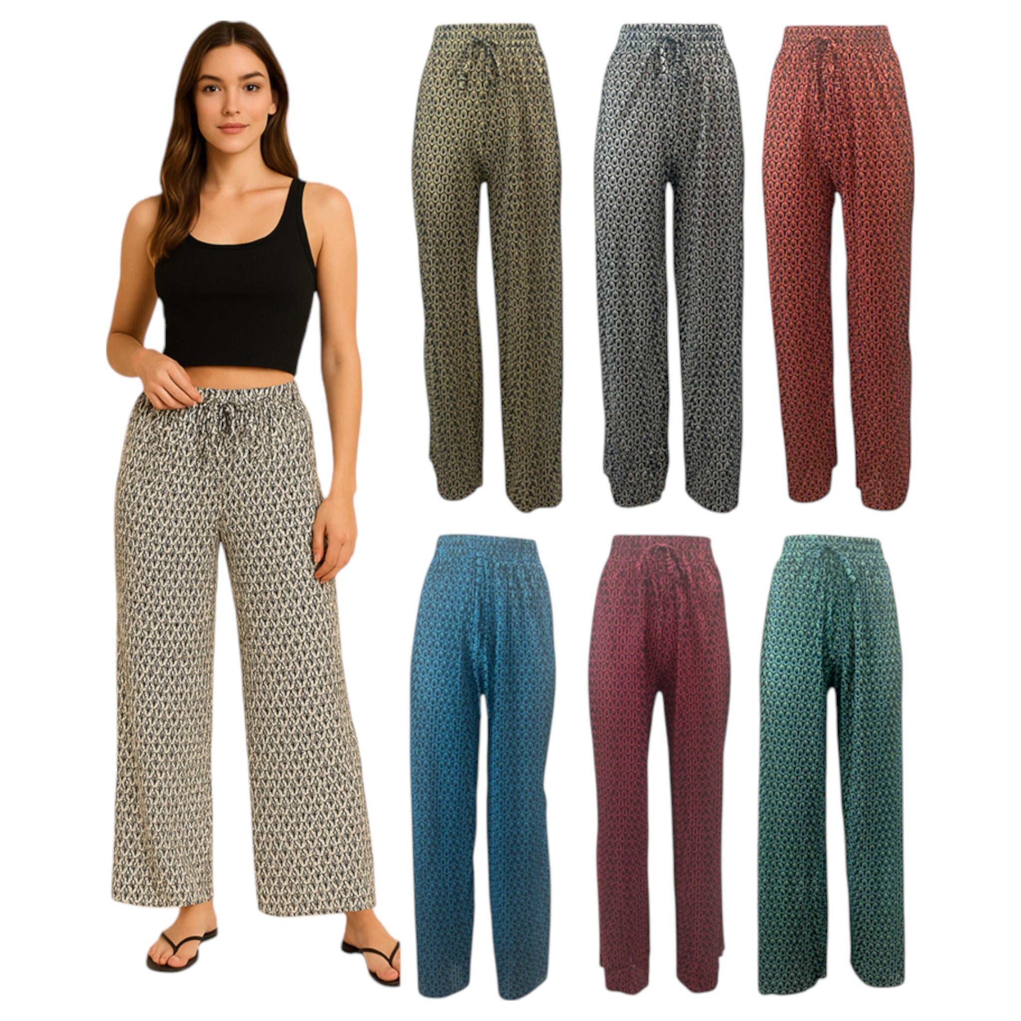 Women's printed wide-leg lounge trousers in burgundy, white, green, orange, blue and yellow – lightweight elastic waist boho pants for casual summer wear